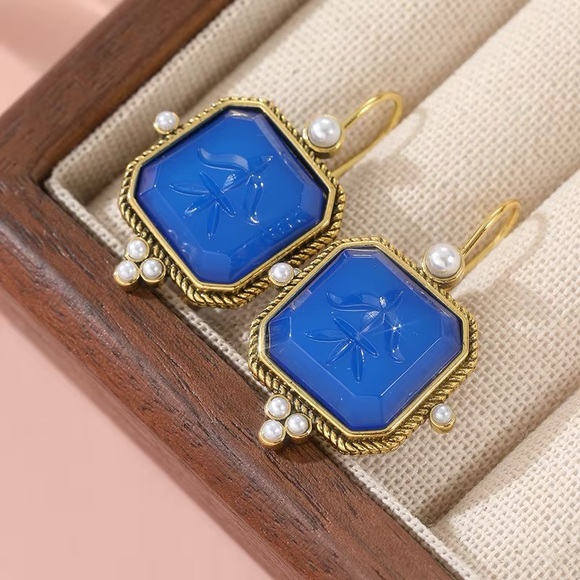 Anthropologie Jewelry - Anthropologie Blue and Gold Earrings with Pearl Accents